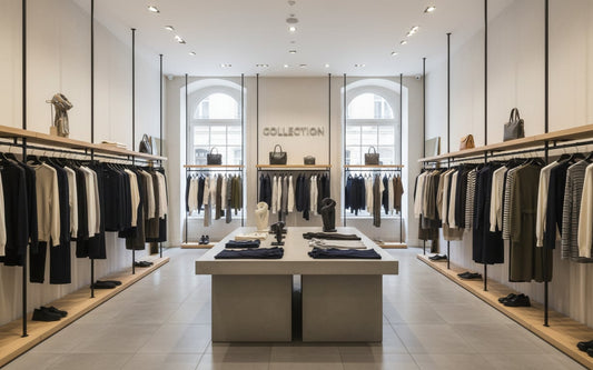 Elegancki butik z markowymi ubraniami na wieszakach w nowoczesnym wnętrzu