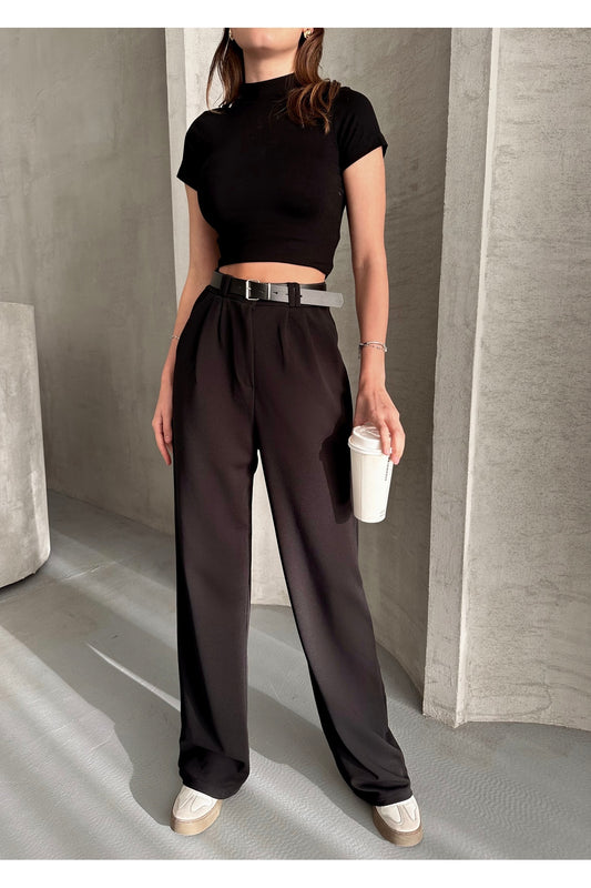 modazoom Black Wide Leg Fabric Palazzo with Red and Power Belt Women