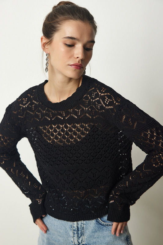 Happiness İstanbul Woman's Black Scrolled Knit Sweater Women