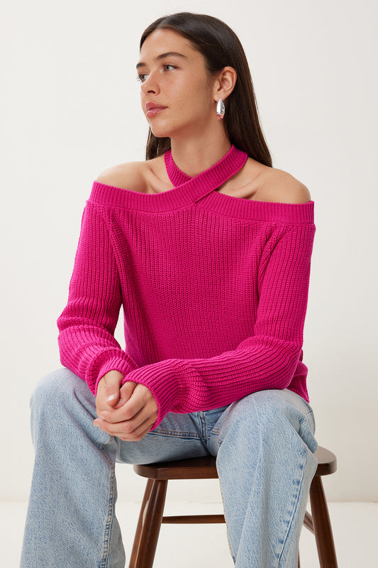 Happiness İstanbul Women's Fuchsia Off-the-Shoulder Knitwear Sweater Women