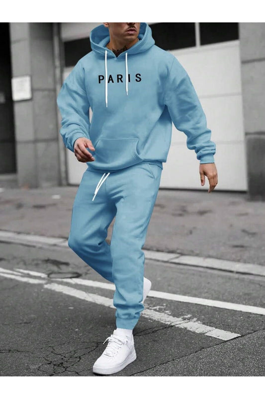 MOONBULL Men's PARIS Printed Hooded Tracksuit Set Blue Men