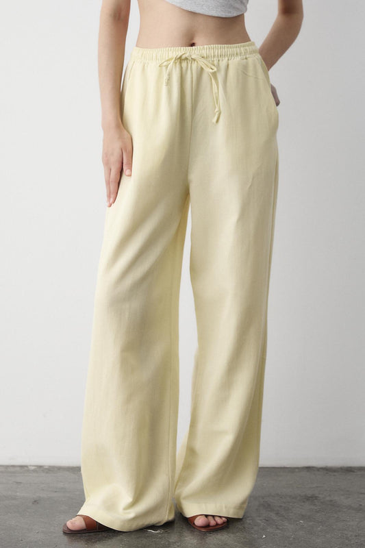 Laluvia Yellow Elastic Waist Cotton Linen Trousers Women