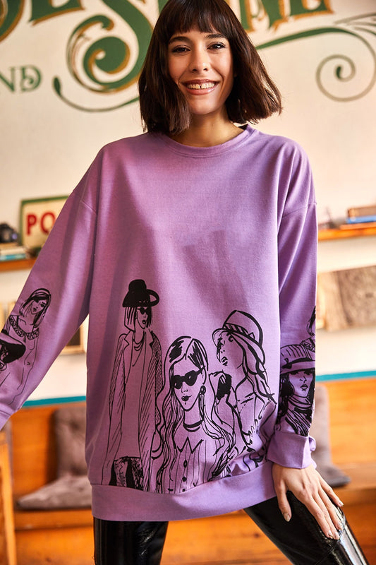 Olalook Women's Lilac Figured Oversize Sweatshirt Women