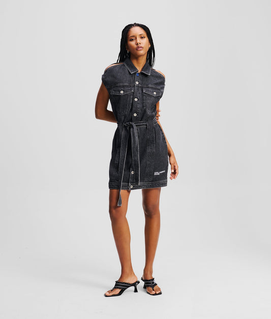 Karl Lagerfeld Jeans Klj Belted Denim Dress Washed Black (A2W130231BJ) Women