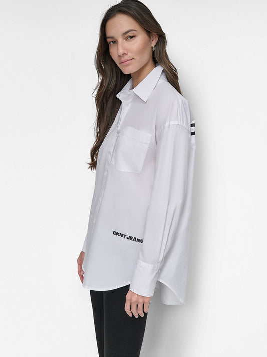 DKNY Long Sleeve Button Front Shirt White/Black (DJ4W2094WHB) Women