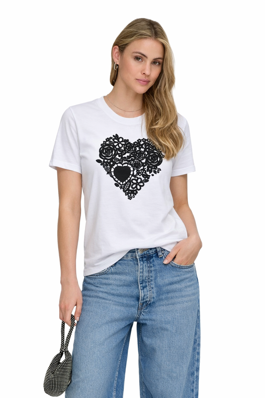 ONLY T SHIRT T Shirt ONLNINA HEART S/S TEE JRS 15371489 WHITE/BLACK FLOC (9655) Women